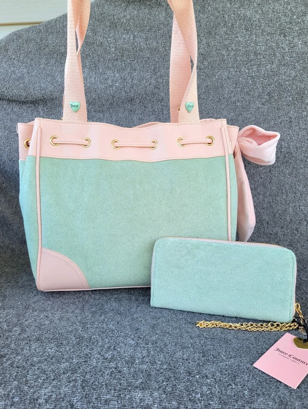 NWT Juicy Couture Sugar Rush Tote Handbag and Matching Wallet in Frosty Green